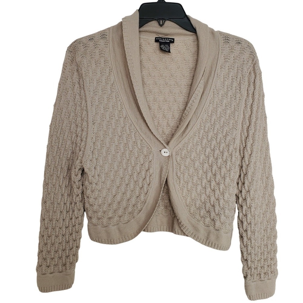 Oatmeal Wool Pointelle Open Knit Cropped Cardigan Cottage Granny Sweater‎ Lg
